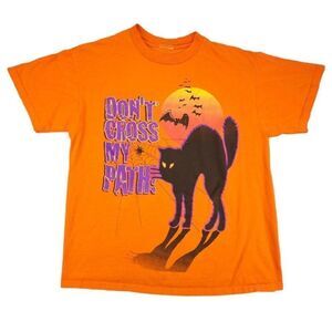 Vintage Halloween T Shirt Mens Size Large Orange 90s Black Cat Bats Spiderweb
